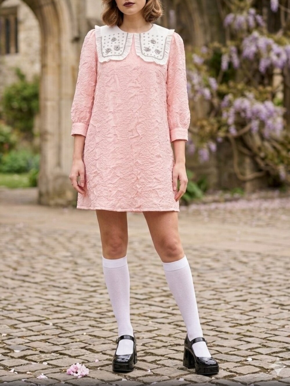 Womens BURRYCO Coquette Babydoll Mini Dress Crystal Pink 3/4 Oversized Collar 12